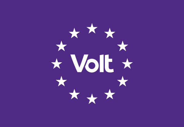 Lila Flagge mit Volt-Logo und EU-Sternen
