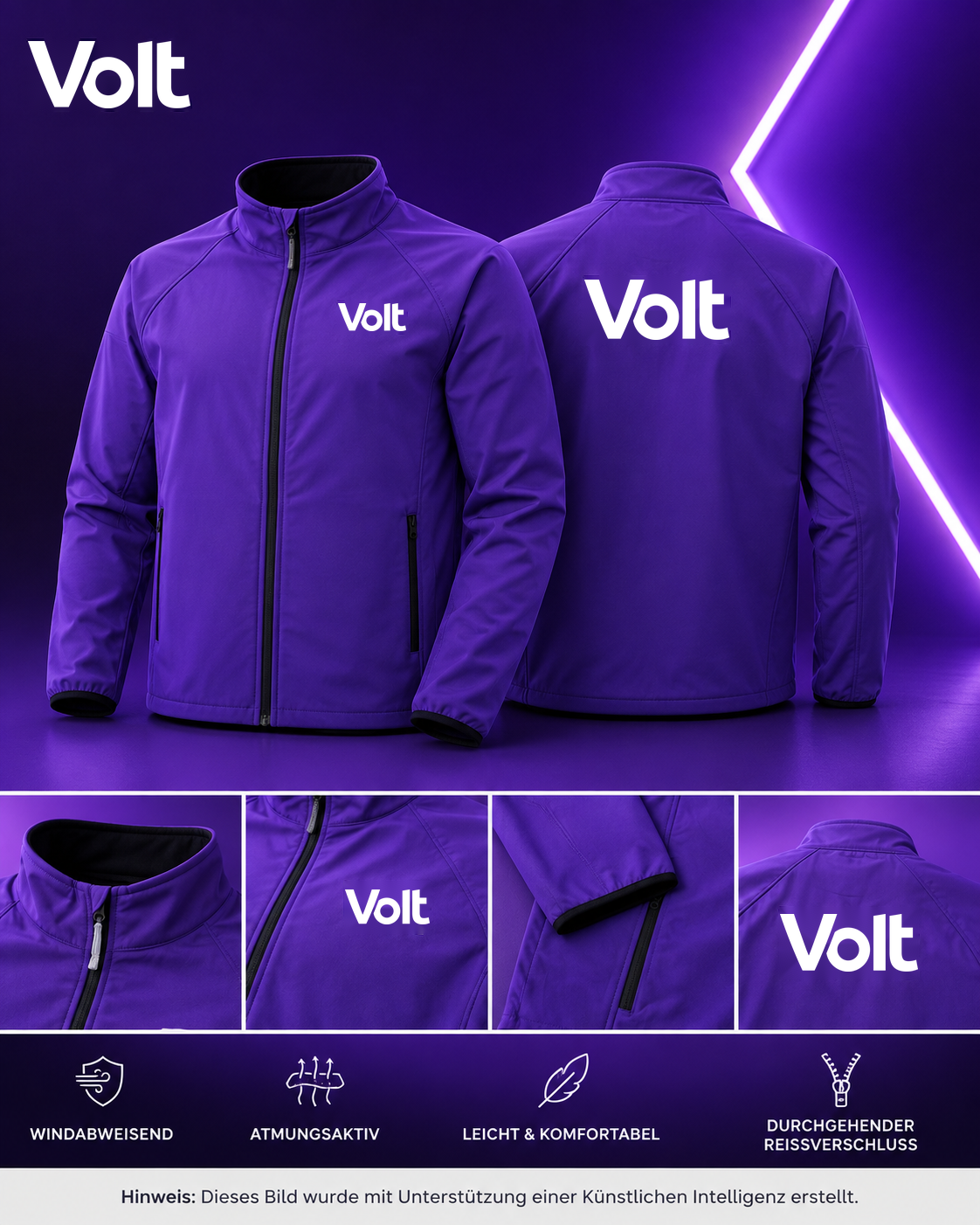 Violette Softshelljacke mit weißem Volt-Logo vorne links und groß auf dem Rücken, mit Reißverschlüssen und Stehkragen