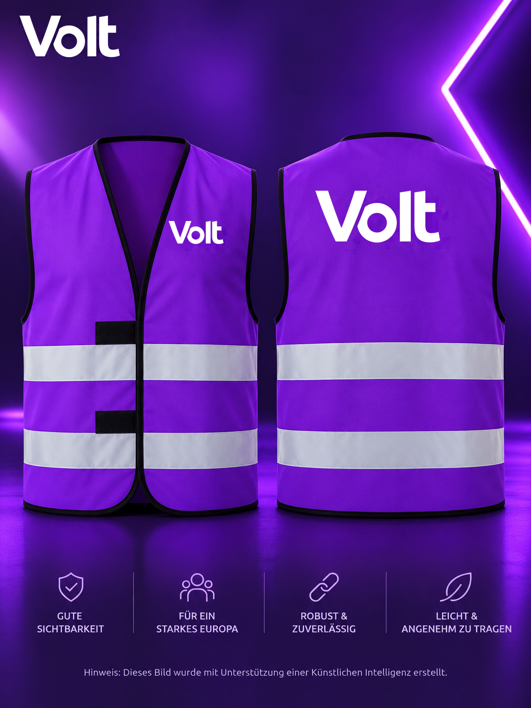 violette Warnweste mit reflektierenden Streifen und weißem Volt-Logo auf Vorder- und Rückseite