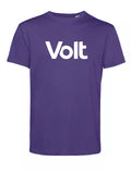 Violettes T-Shirt mit rundem Ausschnitt und kurzen Ärmeln. Auf der Vorderseite steht in großen weißen Buchstaben das Wort 'Volt'.